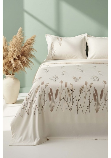 Ekru Willow Breeze Desen Çift Kişilik Nakışlı Yatak Örtüsü Seti