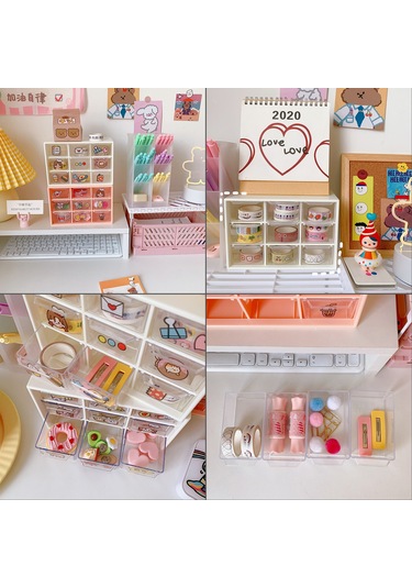 Singree Plastik Çekmeceli 9 Bölmeli Toz Koruyucu Depolama Kutusu Açık Pembe Pembe