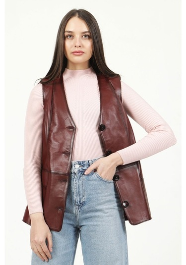 Dericlub Yb-2017 Gerçek Deri Kadın Yelek Bordo
