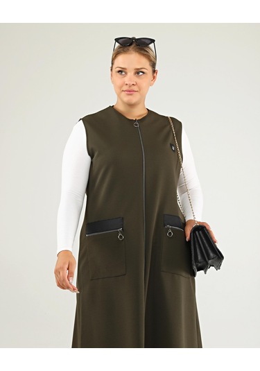 Kadın Deri Cepli Buyuk Beden Uzun Yelek 001