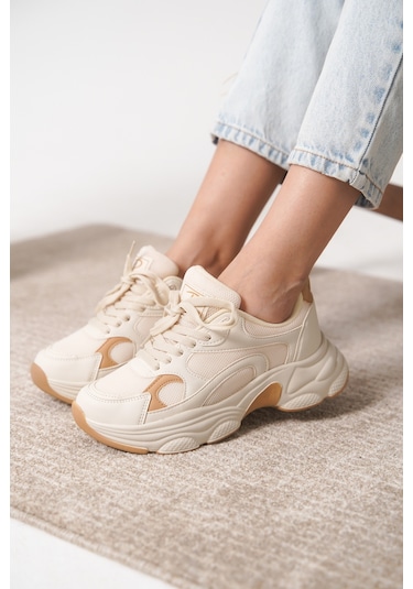 Garantili D0164 Günlük Ortopedik Kadın Sneaker Spor Ayakkabı Bej