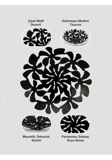 Daisy Dekoratif Metal Meyvelik, Metal Kase, Tabak 33cm - Siyah