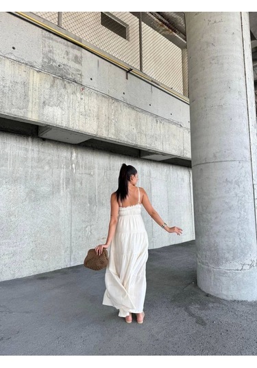Dantelli Askılı Keten Elbise S4310 Bej