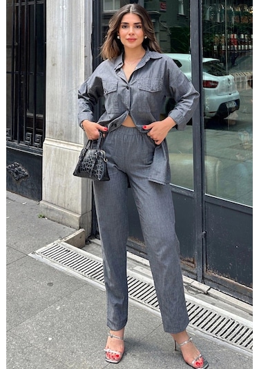 Antrasit Uzun Tunik Gömlek & Beli Lastikikli Rahat Pantolon - Yıkamalı Kot Kumaş Alt Üst Takım Antrasit