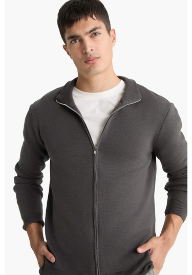 Defacto Standart Fit Dik Yaka Fermuarlı Triko Hırka C8158ax25augr308 Gri