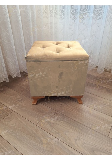 Lüks Sandıklı Tabure Puf 45 X 45 Cm Ceviz Ayak Vizon