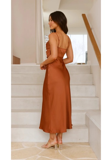 Yaz Yeni Kadın Düz Renk Askılı Elbise Açık Kahverengi