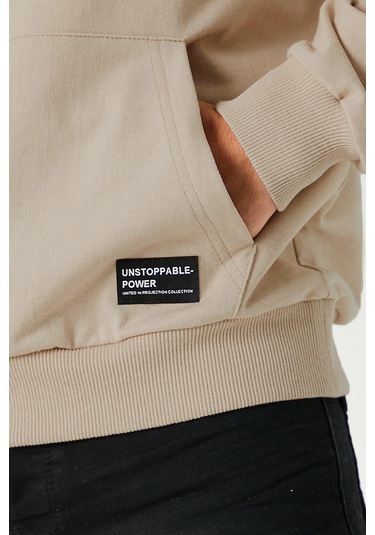MMetalic Bej Erkek Kapüşonlu Kanguru Cepli Sweatshirt Bej