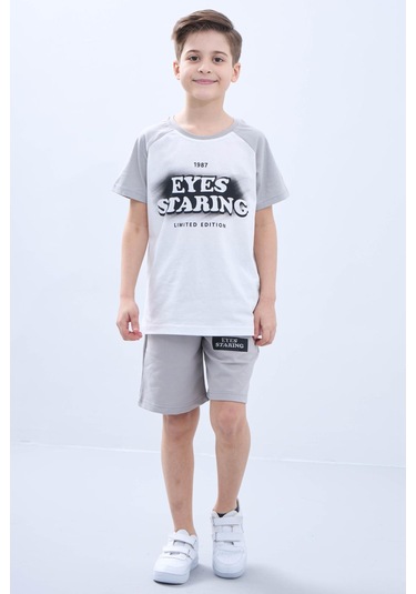 Penye Süprem Baskılı Yazlık Şortlu Takım M00734 Açık Gri