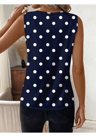 Defymoda Kadın Askılı V Yakalı Puantiyeli Süprem Bluz Lacivert