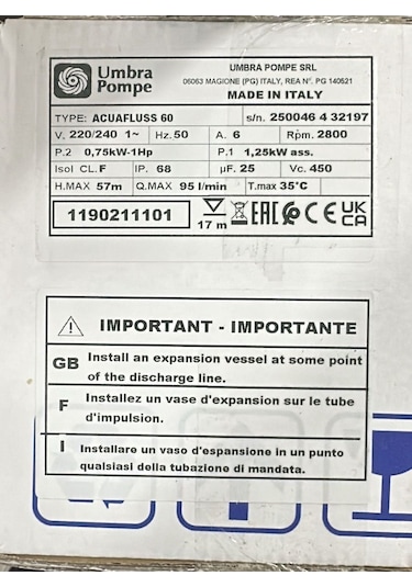 Umbra Acuafluss 60 Hidroforlu Dalgıç 1 Hp - 57 Metre - İtalyan