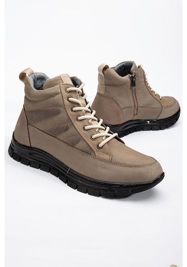 Hakiki Deri Nubuk Erkek Bot Bej Elastik Bağcıklı Yan Baskılı-3497 Bej