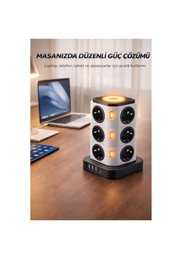 12 Li Kule Tipi Çoklu Priz 3 Usb 1 Type-c Gece Lambalı 3680w Bağımsız Anahtarlı 1 - 3 M