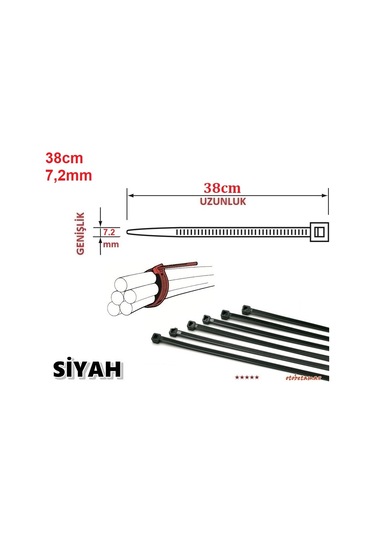 10 Adet 38cmx7,2mm Siyah Plastik Cırt Kelepçe Kablo Bağı