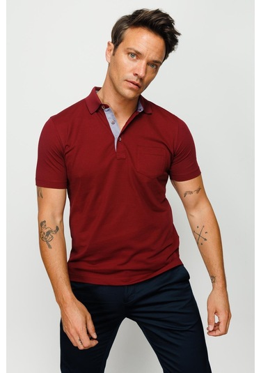 Erkek Polo Yaka Düğmeli Cepli T-shirt Bordo Bordo
