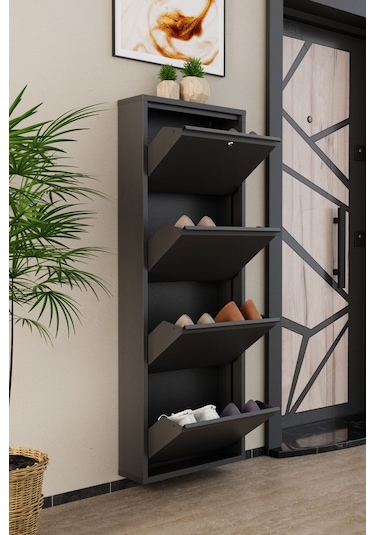 Kilitli 4 Kapaklı Metal Ayakkabılık Antrasit Antrasit