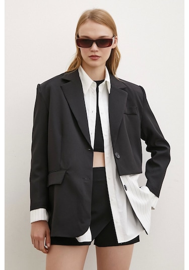 Never More Çizgi Detaylı Çift Düğmeli Blazer Ceket Beyaz Beyaz