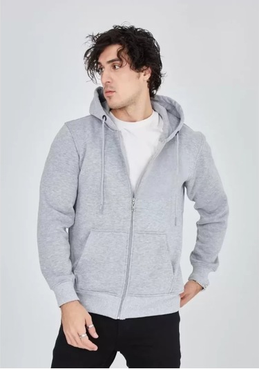 Unisex Tam Fermuarlı Kapşonlu Sweatshirt - Gri renkli Çok Renkli