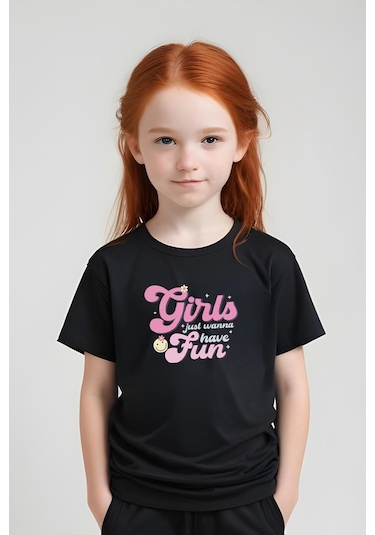Fyk Kids Kız Çocuk Yuvarlak Yaka Baskılı Girls Fun Alt-üst Pijama Takımı Siyah