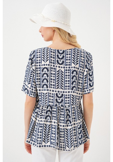 Kadın Desenli Kısa Kol Bluz 969 - İndigo Indigo