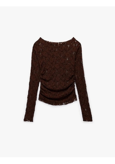 Koton Yarı Transparan Kayık Yaka Kadın Dantel Bluz 6wak80174ek Kahverengi