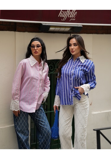 Kadın Kol Ve Yaka Vintage Detaylı Gömlek Pembe