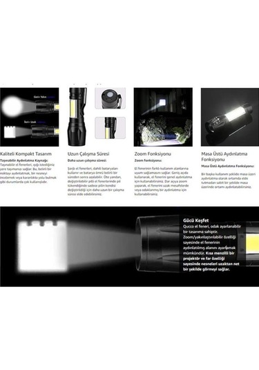 Single Sword Şarjlı Küçük Boy El Feneri - Kutulu Ve Kemere Takma Aparatlı Siyah