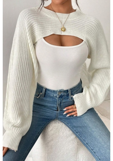 Tarz Cool Kadın Beyaz Dekolteli Crop Triko Bolero Beyaz