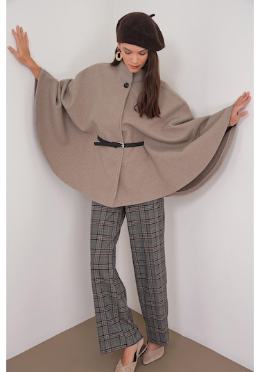 4768 Kadın Kemerli Panço Premium Kaşe Ceket Vizon VIZON