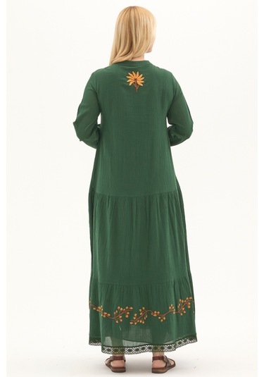 Şile Bezi Yeşil Uzun Kol Nakışlı Uzun Yazlık Elbise