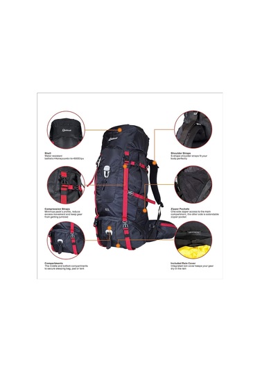 Quickup Hiking Sırt Çantası 65 Litre- Siyah-kırmızı