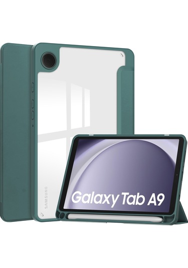 Youtek Samsung Galaxy Tab A9 8.7" Kılıf - A9 Plus 11" Uyumlu, Kalem Bölmeli, Uyandırma Fonksiyonlu, Üç Katlı Şeffaf Koruyucu Kılıf Koyu Yeşil