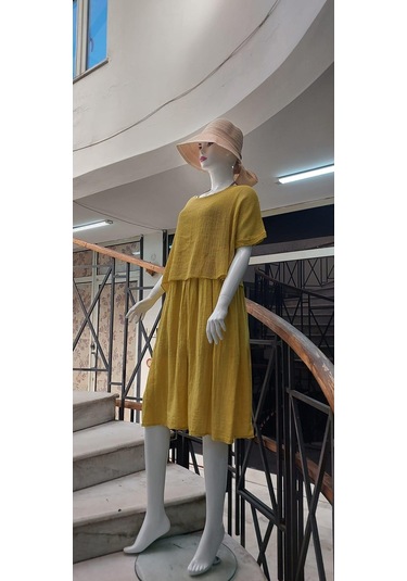 İtalyan Müslin Keteni Üstü File Bluzlu Astarlı Tek Parça Elbise Hardal Sarısı Hardal