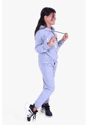 Fyk Kids Kız Çocuk Yuvarlak Yaka Baskılı Eşofman Takımı Gri Melanj