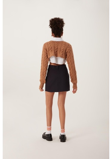 Quhox Kadın Triko Crop Sweatshirt Taba