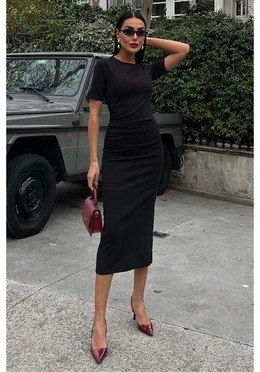 Beli Büzgülü Midi Elbise 2853 S