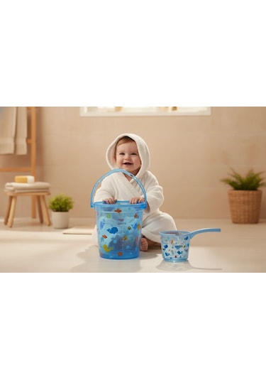 Babyjem Şeffaf Kova & Maşrapa Set Mavi Desenli