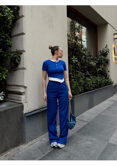Byb Moda Tasarım Düğme Yakalı Saks Alt Üst Takım S3943 Saks