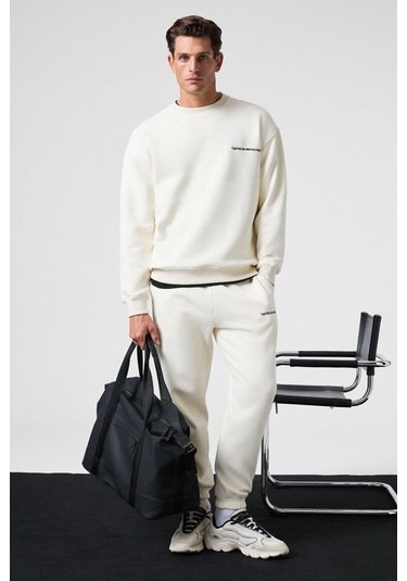 MARSHALL Erkek Pamuklu İçi Polarlı Nakışlı Relaxed Ekru Eşofman Takımı