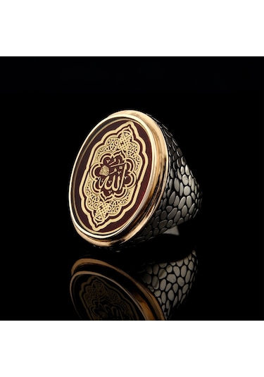 925 Ayar Gümüş Allah Lafzı Yazılı Kırmızı Mineli Erkek Yüzük Gümüş