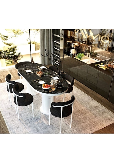 Avvio Lucida Teddy Sandalye 80x140 Yemek Masası Mutfak Masası 6 Sandalyeli Masa Sandalye Takım Siyah Mermer