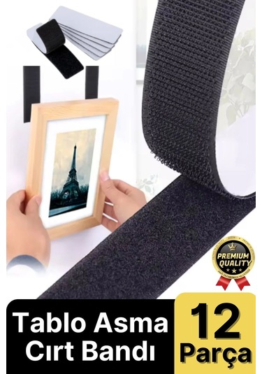 Ultra Güçlü İz Bırakmaz Çivisiz Tablo Çerçeve Asma Kendinden Yapışkanlı Siyah Cırt Bant 12'li Set