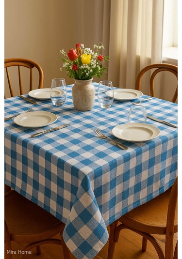 Mira Home Kareli Masa Örtüsü Sofra Bezi 160x160 Cm Happytime Turkuaz