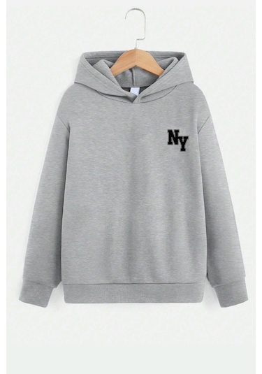 Ny Baskılı Erkek - Kız Çocuk Rahat Kalıp Sweatshirt Gri