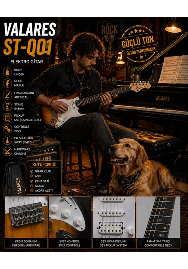 Valares St-q01 Leektro Gitar Üst Seviye Sahne Performansı Full Aksesuar Hediyeli Sunburst