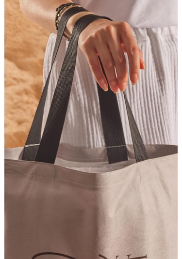 Beach Stuff Desen Baskılı Plaj Çantası Bej