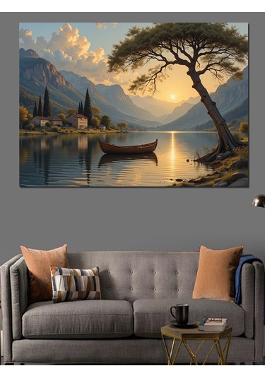 Göl Kıyısında Günbatımı Dekoratif Kanvas - Mdf Ahşap Tablo