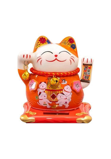 Seramik Maneki Neko Turuncu Güneş Enerjili Şans Kedisi 12cm No.4