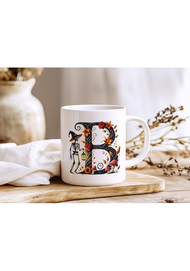 B Harfi Şapkalı İskelet Figürlü Ve Çiçekli Kupa Bardak - Cadılar Bayramı / Halloween Özel Hediye Beyaz