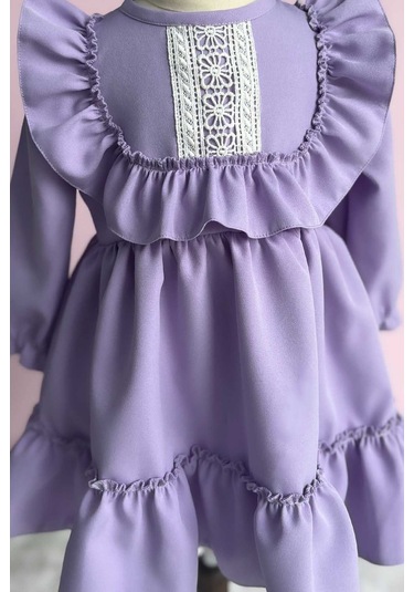 Dantel Detaylı Fırfırlı Lila Kız Çocuk Bebek Elbise 001